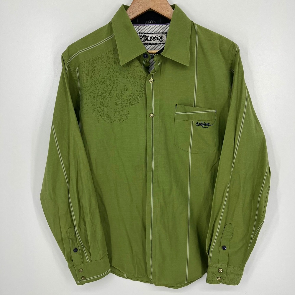 Billabong Mens Green Paisley Stripe Slim Fit Long Sleeve Button Down Shirt M Y2K